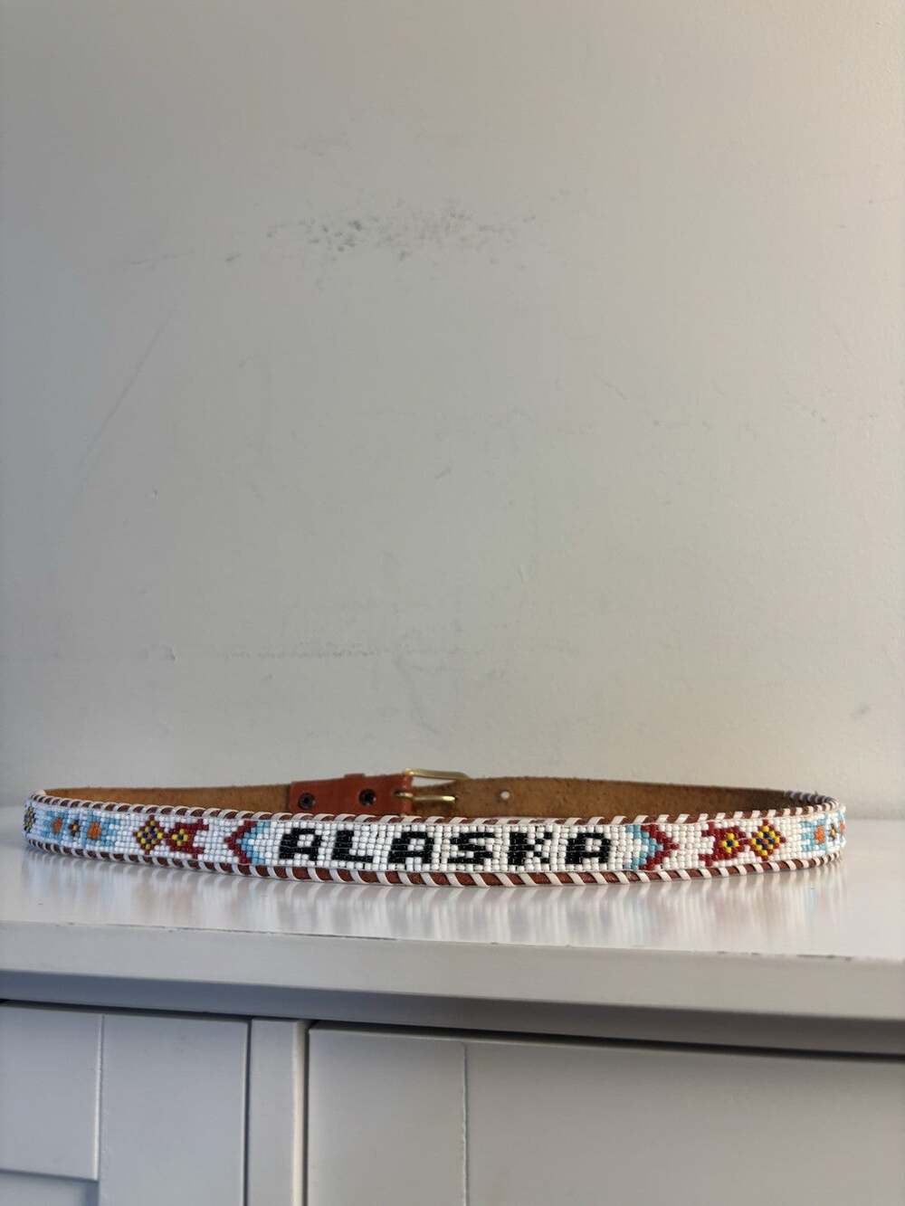 Vtg 70s Mid Century Beaded Alaska Leather Belt Souvenir 32 Southwestern
